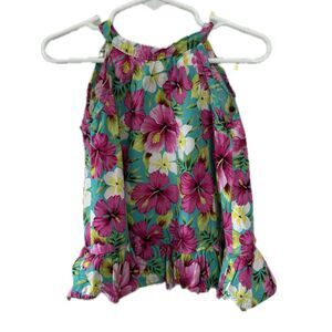 RJC Hawaiian Tropical Flowers Hibiscus 100% Cotton Halter Back Tie Dress 12M
